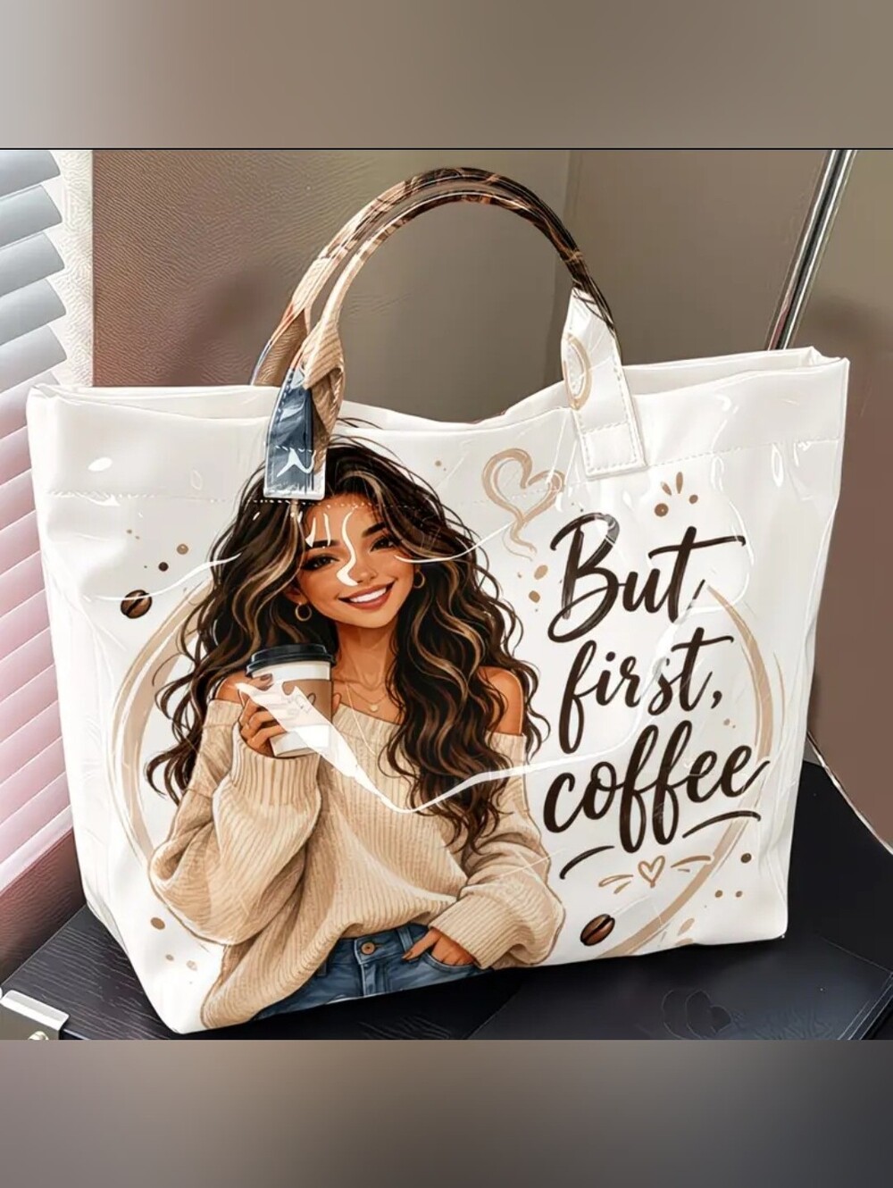Cute PVC "But Coffee First" Daily Commute Large Tote Bag